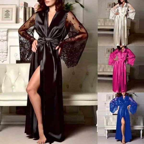 Female Lace Patchwork Long Bathrobes Nightgown Soft Silk Dressing Gown Bathrobe For Women Sleepwear Ladies Sexy Sleepwear C260323