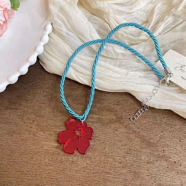 Blogger Little Red Flower Necklace for Women Korean Style Summer Versatile Braided Rope Accessory Colorful Dopamine Collarbone Chain