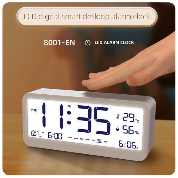 8001EN Multifunctional Digital Clock LED Brightness Adjustable Temperature Humidity Displaying Alarm with Dual Modes 260323BJ