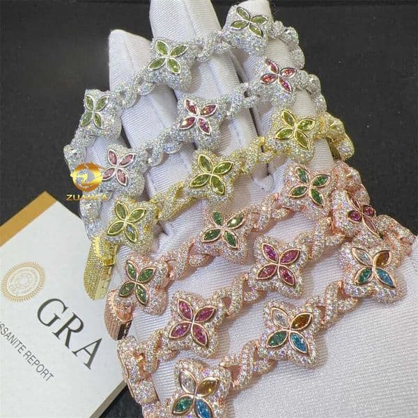 New Arrivals Stock Fashion 925 Silver Marquise Flower Hip hop Jewelry Iced out Moissanite Diamond Infinity Cuban Bracelet Men