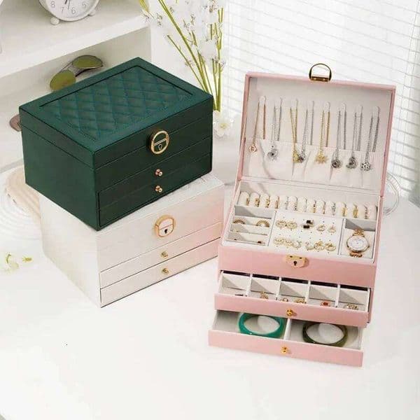 1PC rhomboid round 1/3layer leather jewelry storage box with lock 26Y0323