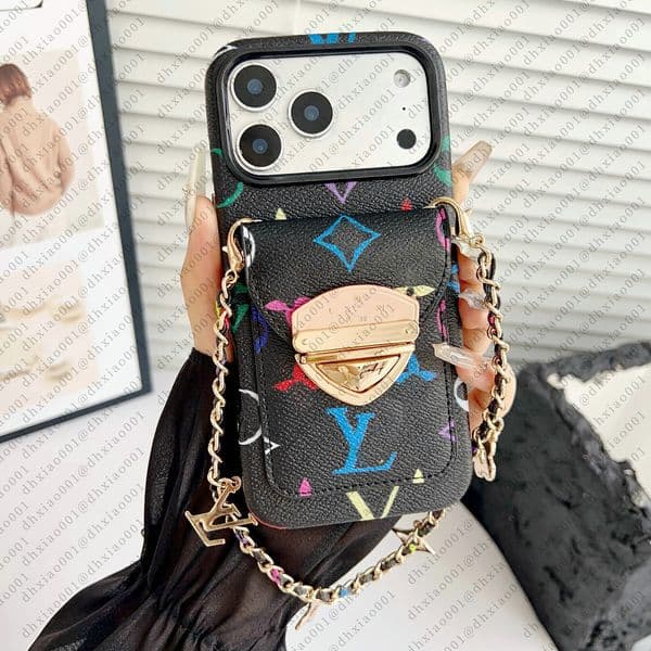 For iPhone 17 Pro Max 16 Pro Max Case Crossbody Phone Case Designer iPhone 15 ProMax 14 13 12 11 15 Plus 16 Plus Phonecase Card Holder Bag Leather Wallet Case Chain Lanyard