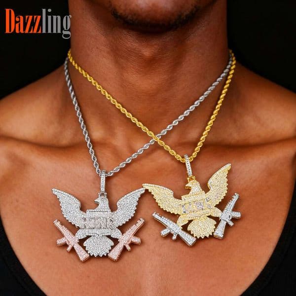 Jewelry eagle double-gun pendant necklace for men Silver inlaid with Moissanite Hip Hop trendy jewelry wholesale
