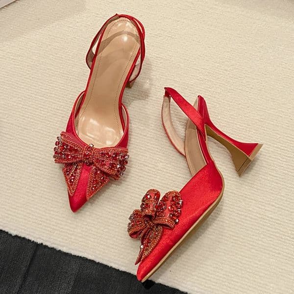 Liyke Fashion Sequined Crystal Bowknot Women Pumps Sexy Pointed Toe Red High Heels Wedding Banquet Shoes Ladies Slingback Sandal 260323BJ