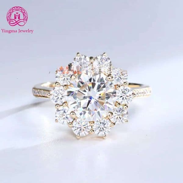 14K 18K Solid Gold Jewelry Flower Luxury Round Cut Central 7.5mm 1.5ct Moissanite Wedding Engagement Ring