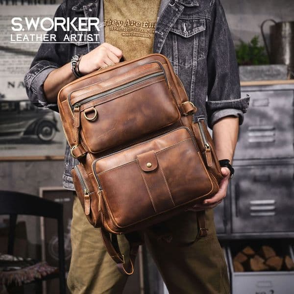 SWORKER Vintage Genuine Leather Backpack Laptop Bag Casual Crazyhorse School Outdoor Travel Weekender 260323