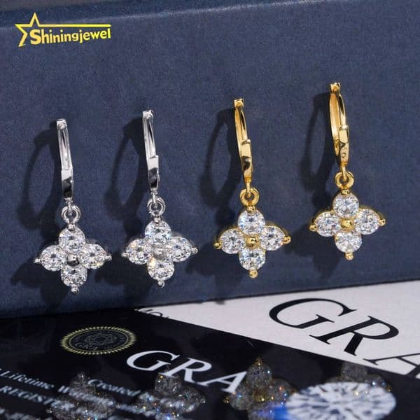 Iced Out Moissanite Diamond Earrings 925 Silver Hip Hop Drop Earrings Flower Cluster Fashion Earring