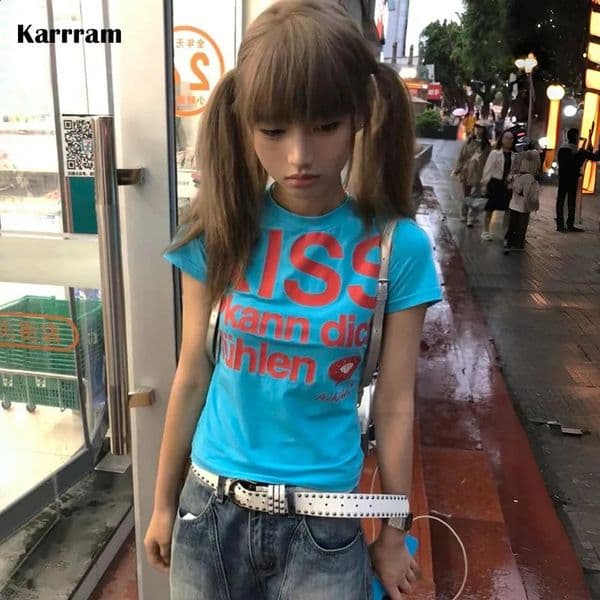 Karrram Japanese Y2k Letter Print T-shirt Trashy 2000s Style Crop Top Vintage Harajuku Short Sleeve Tee Shirt American Retro 90s 260319