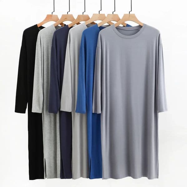 Modal Mens Round Neck Long Sleeve Nightgown Sleepwear Clothes Midlong Knee Length Soft and Comfortable Nightwear Dresses 260323