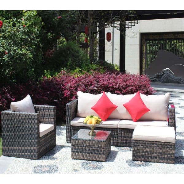 Rattan Wicker Cushioned Sectional Furniture Garden Patio Sofa Set 4 Pieces, Brown 2004
