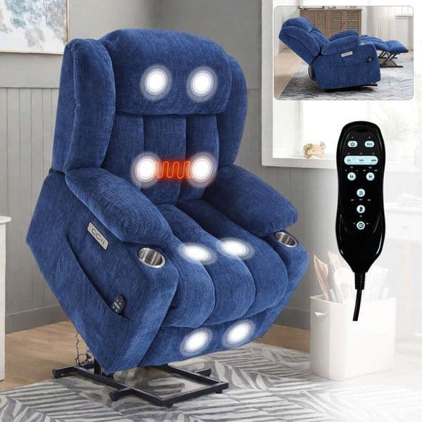 Up to 350 LBS Chenille Power Lift Recliner Chair, Heavy Duty Motion Mechanism with 8-Point Vibration Massage Lumbar Heating, USB and Type-C Ports, Stainless 2004