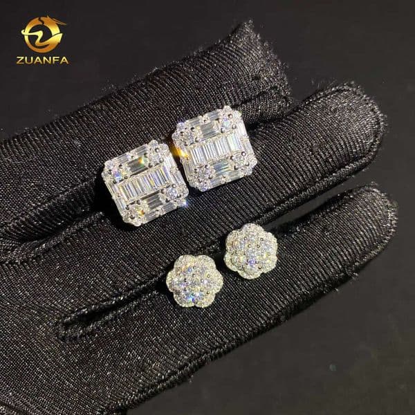 Fashion Hip Hop Jewelry Baguette Iced Out Ear VVS D Moissanite Diamond 925 Silver Flower Stud Earrings GRA Certificate