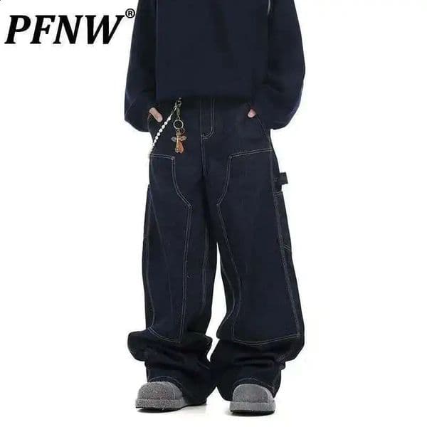 PFNW Niche Hip-hop Dark Blue Denim Silhouette Baggy Jeans American Loose Wide-legged Trailing Pants Mens Trousers 28W5905 260311BJ