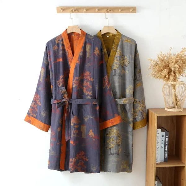Cotton Kimono Robes with Belt for Mens Spring Jacquard Thin Printed Medium Length Breathable Summer Pajamas Bathrobe 260323