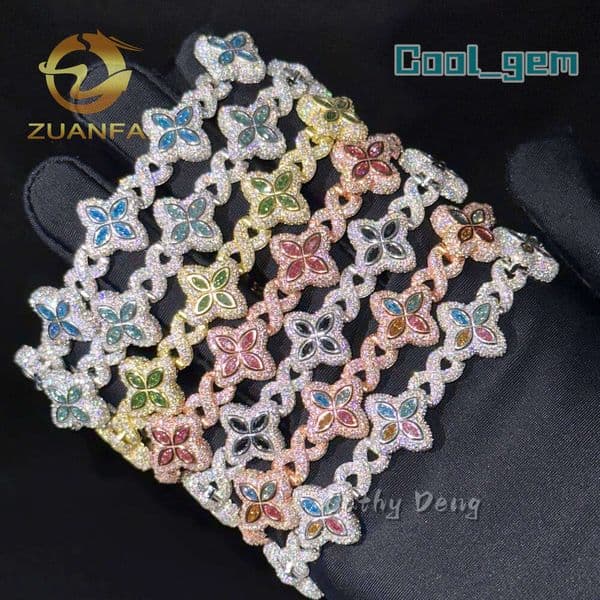 New 15Mm Marquise Flower Design Hip Hop Jewelry Iced Out Unisex Cuban Link Chain 925 Silver Moissanite Bracelet Bracelet
