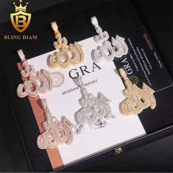 Iced Out Jewelry Ready to Ship 925 Sterling Silver Vvs Moissanite Fire Allah Pendant Pendants and Chain Necklace for Men