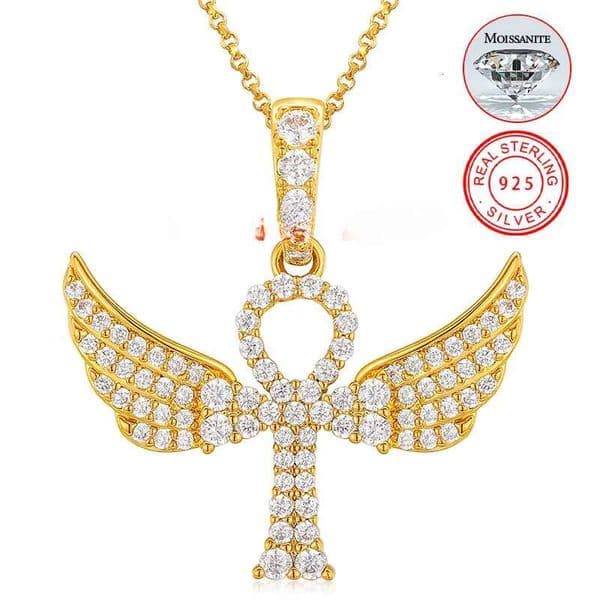 Drop Shipping Hip Jewelry 925 Sterling Silver VVS Moisasnite Diamond Wing Ankh Cross Pendant Necklace