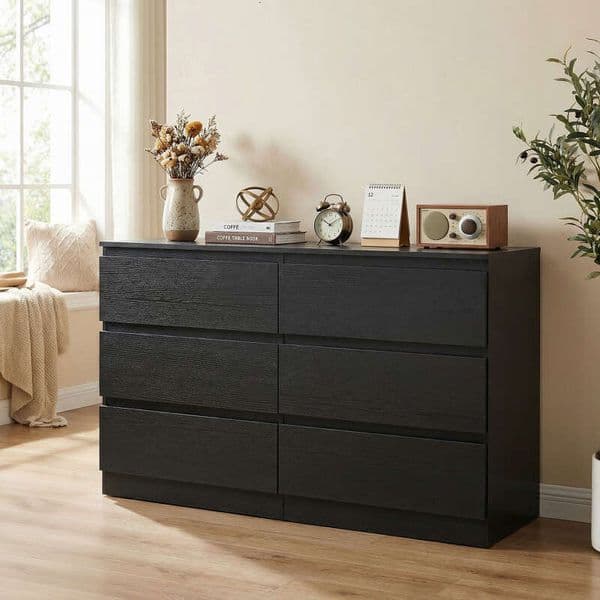 Drawer Black Dresser, Modern Bedroom Dresser Spacious Countertop, Wood Storage Cabinet with Concealed Handles & 6 Deep Drawers for Bedroom, Living Room, 2004