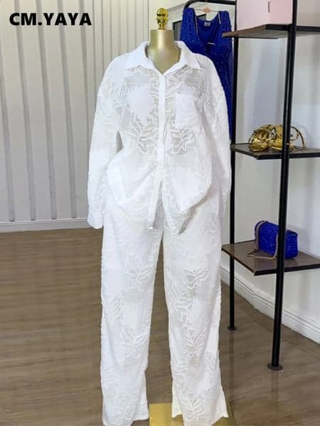 CMYAYA Fashion Womens Set Perspective Long Sleeve Shirt and Straight Wide Leg Pants OL Two 2 Piece Outfit Tracksuit 260323