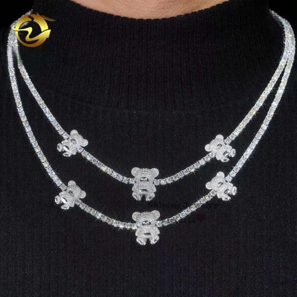 Diamond Hair New 925 Silver Moissanite Tennis Chain Main Stone 3mm Bear Hip Hop Necklace HipHop