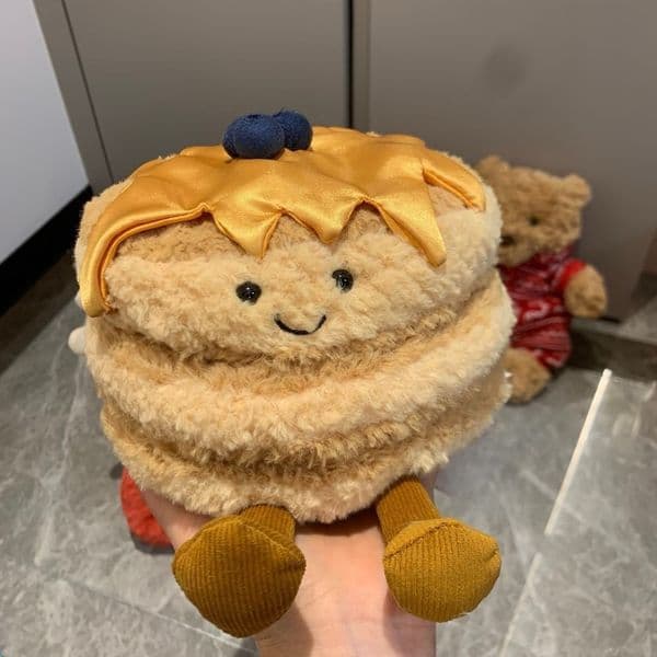 Kawaii Simulation Pancake Plush Toy Cute Stackable Flapjack Stuffed Animal with Syrup Bottle Soft Breakfast Food Plushie for Kids Room Decor and Collection