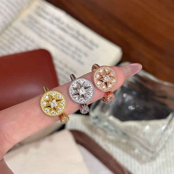Exquisite Elegant Light Luxury Band Rings for Women Precision Full Diamond Starry Sky Compass Eight-Pointed Star Ring