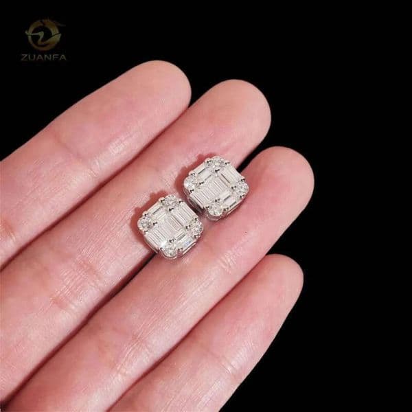 Pass Tester High Quality Baguette Diamond Design 925 Sterling Silver White Gold Moissanite Earrings