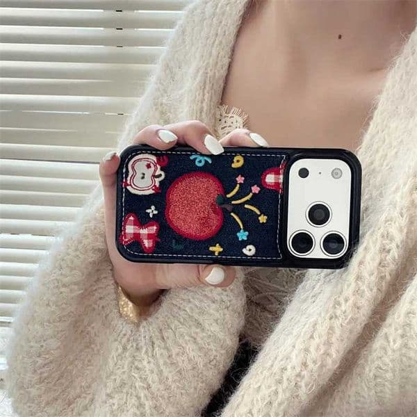 Fashion Cute Embroidery Denim Phone Case For iPhone 17 Pro 16 15 14 Pro Max Back Cover with Chain Lovely Protective Cases H260323