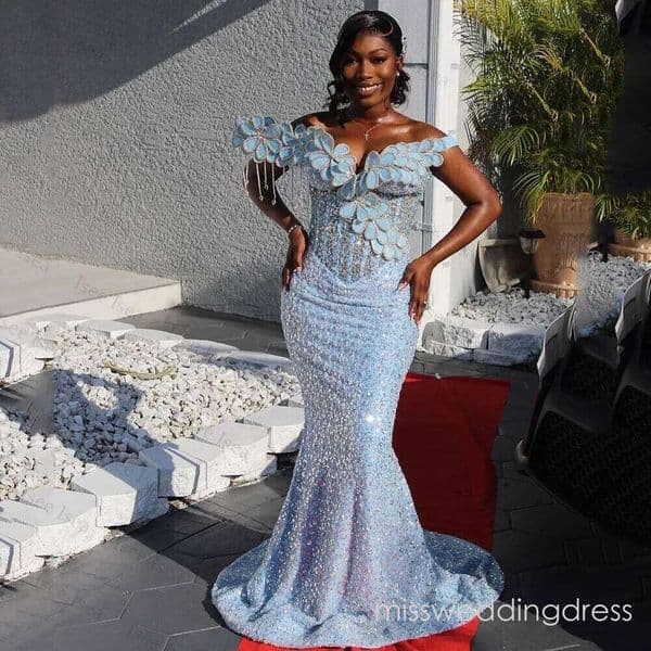 Light Blue Prom Customized Crystals 3D Floral Off Shoulder Mermaid Evening Dresses for Black Girls Plus Size Nigeria Gowns