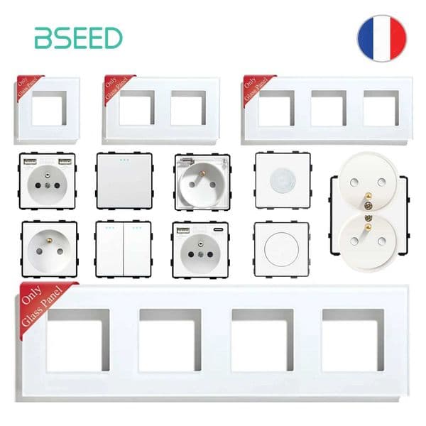 BSEED DIY France Standard USB Socket Button Switch With Crystal Glass Frame Panel White Home Type-c Phone Charge Socket French X260323