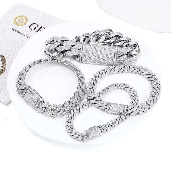 8mm-20mm Iced Out Cuban Link Chain 925 Sterling Silver Bracelet Hip Hop Full D VVS Moissanite Diamond Bling Jewelry