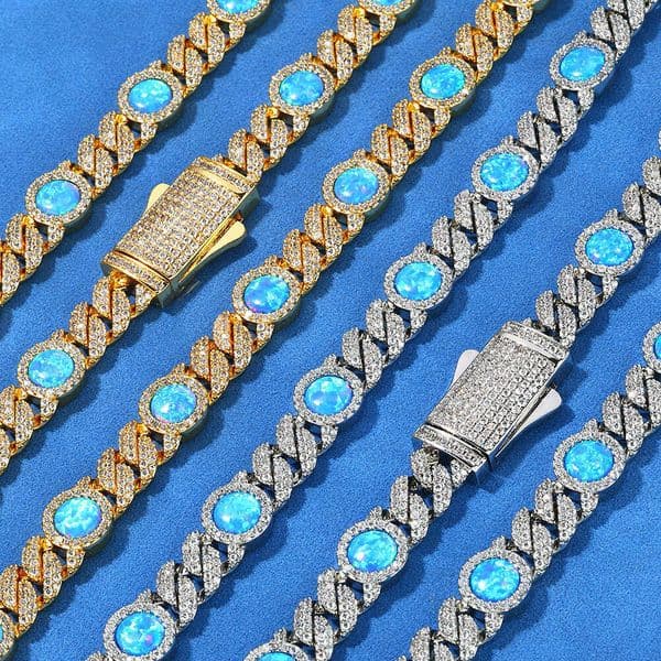 Jewelry Hip Hop 8mm Blue Gemstone Cuban Chain Trendy Versatile Men's Necklace High-End Custom Jewelry