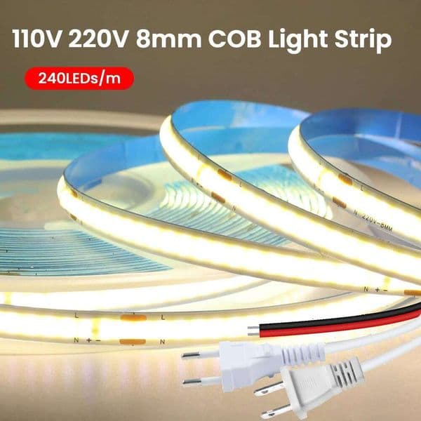 AC 220V 110V COB Strip 5M 10M 20M 50M Flexible LED Tape Ribbon with 2pin Cable/EU US Plug 240LEDs Density Linear Light 26L0323