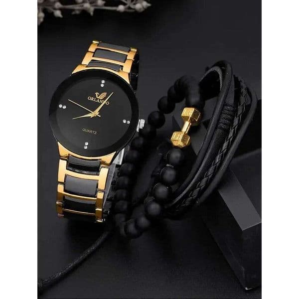 3PCs Fashion Personalized Men's Steel Band Quartz Watch with Bracelet Set