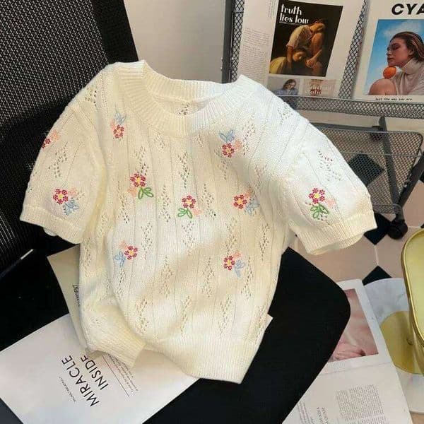 Mardi Hefxessdr Sweet White Flower Hollow Out Knitted Pullover 2026 Summer New T-shirts for Women Y2k O-neck Short Sleeve Tops Mujer