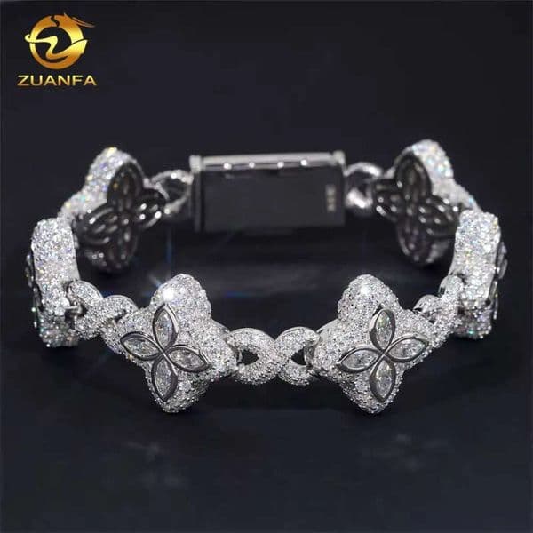 Cheapest Price Custom Iced Out Luxury Rapper Men Jewelry Hip Hop VVS1 Moissanite Diamond Clover Cuban Bracelet