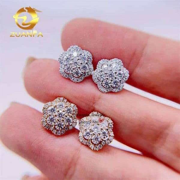Iced Out Hip Hop Pass Diamond Tester Men 10k Gold Flower Cluster Vvs Moissanite Earrings Stud