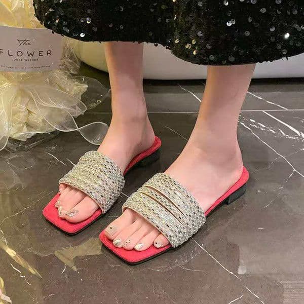 2026 Fashion square-toe rhinestone slippers for women summer new style bright and versatile chunky heel thick sole various colors