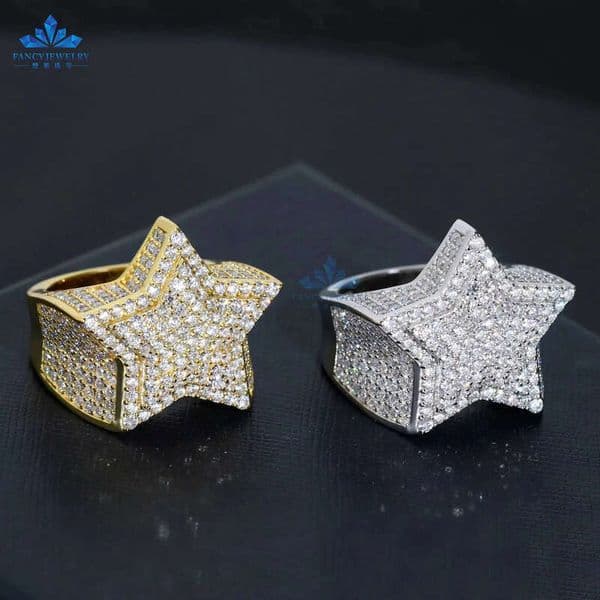 Mens Hip Hop Ring 925 Sterling Silver Ice Out Moissanite Star Finger Band Men Rings