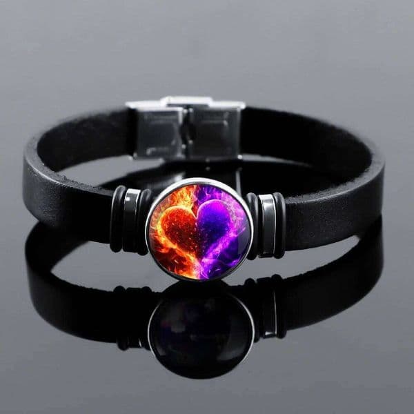 Mystic Flame Heart Leather Bracelet Handcrafted Couple's Matching Wholesale Ready Gift