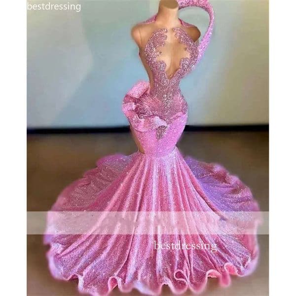 Luxurious Diamonds Long Pink Prom Dresses For Black Girl Sparkly Beads Crystals Rhinestones Luxury Birthday Party Gowns Robe De Bal 1118 D0323