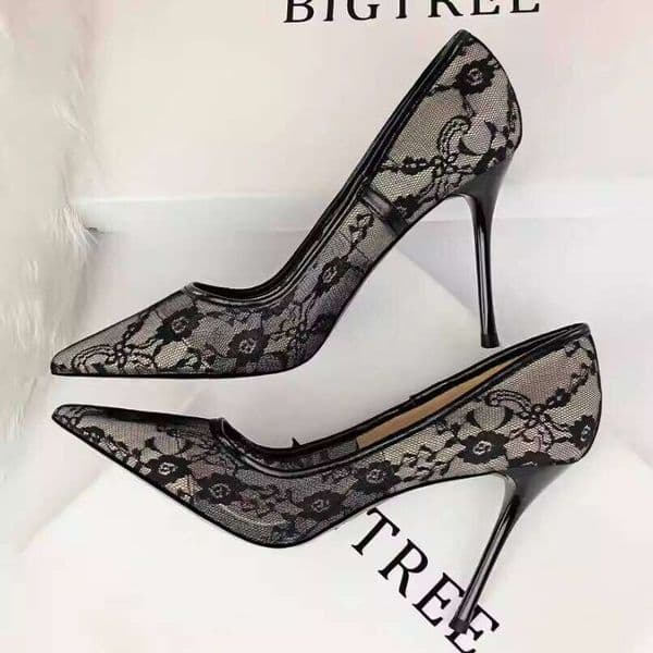 BIGTREE Breathable High Heels, Thin Heel, Shallow Mouth, Pointed Toe, Sexy Lace Summer New Women's Sandals