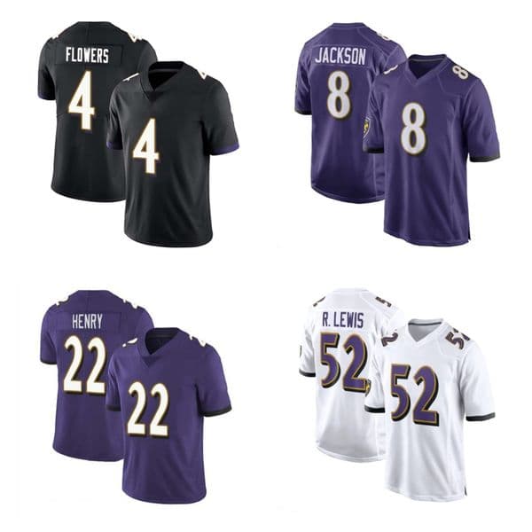 Ravenss Football Jersey 22 Derrick Henry 4 Zay Flowers 8 Lamar Jackson 22 Derrick Henry S-XXXL for Men Women Youth