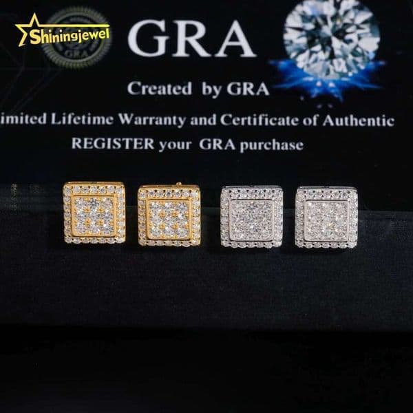 Wholesale Price 925 Sterling Silver Jewelry VVS Diamond Mens Gold Plated Square Moissanite Earrings