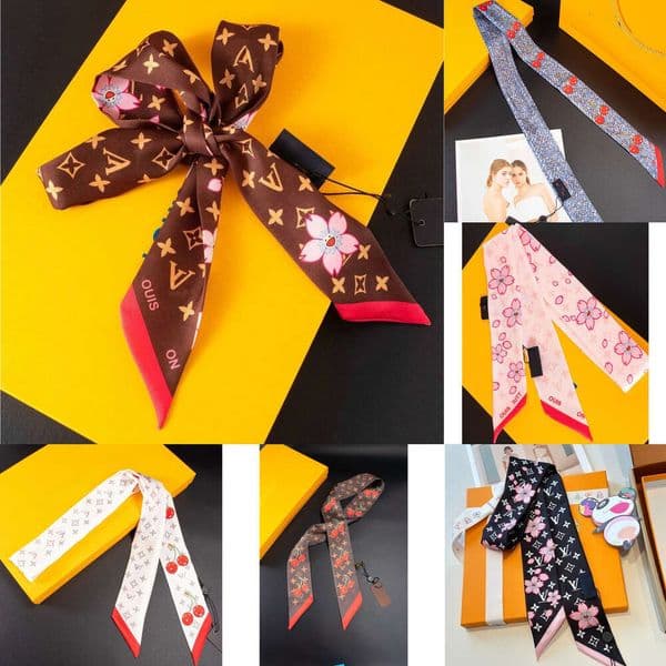 Womens Elegant Printed Silk Scarves Cherry blossom Bandanas Small Tassel Hair Accessories Bundled Ribbons 5X120cm 1 2 vv