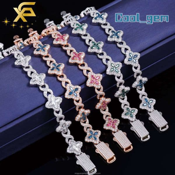 Hot Sale Spring Clasp Clover Charms 13Mm Four Leaf Links S925 Silver Moissanite Cuban Bracelet Bracelet