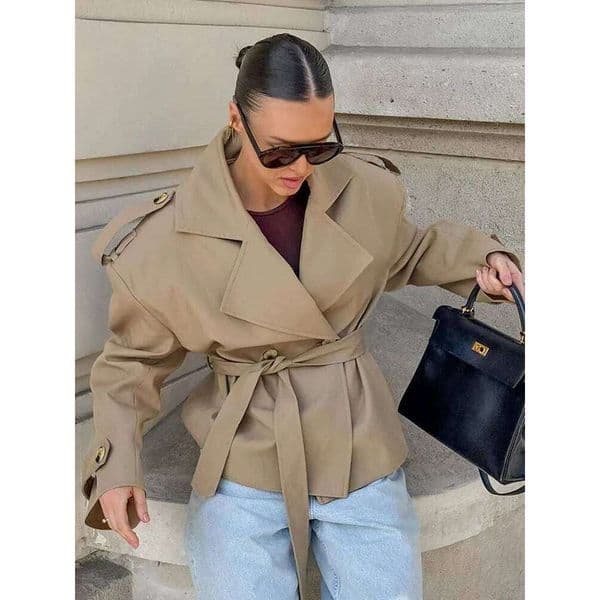 Autumn Casual Women Lace-up Cropped Trench Coat Street Long Sleeves Lapel Wide Shoulder Female Windbreaker Lady Jackets 26W0323