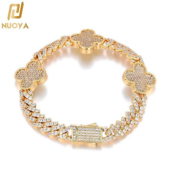 Jewelry Hip-Hop Spring Buckle Four-Leaf Clover Diamond Cuban Chain Moissanite High-End Versatile Men's Bracelet