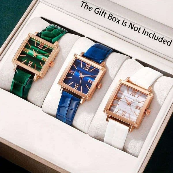 3 Pcs Square Quartz Watch PU Leather Strap Pointer Zinc Alloy Case, Ideal Gift For New Year, Christmas, Family