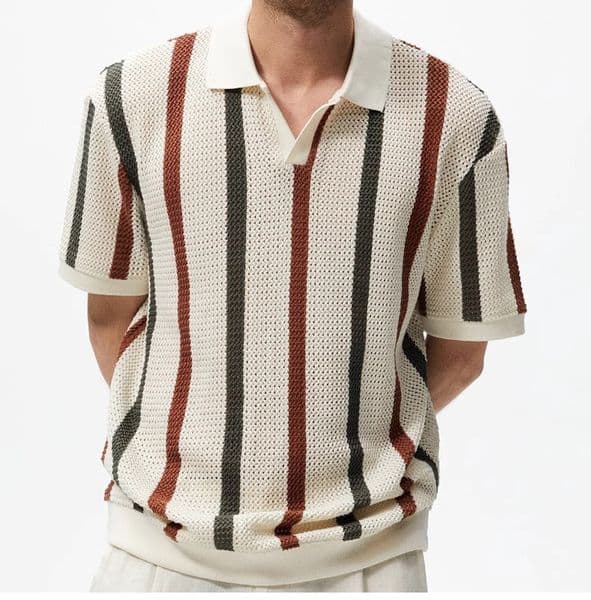 2026 Fashionable and versatile casual short sleeved knitted shirt for men with hollowed out stripes contrasting colors slim fit business T-shirt